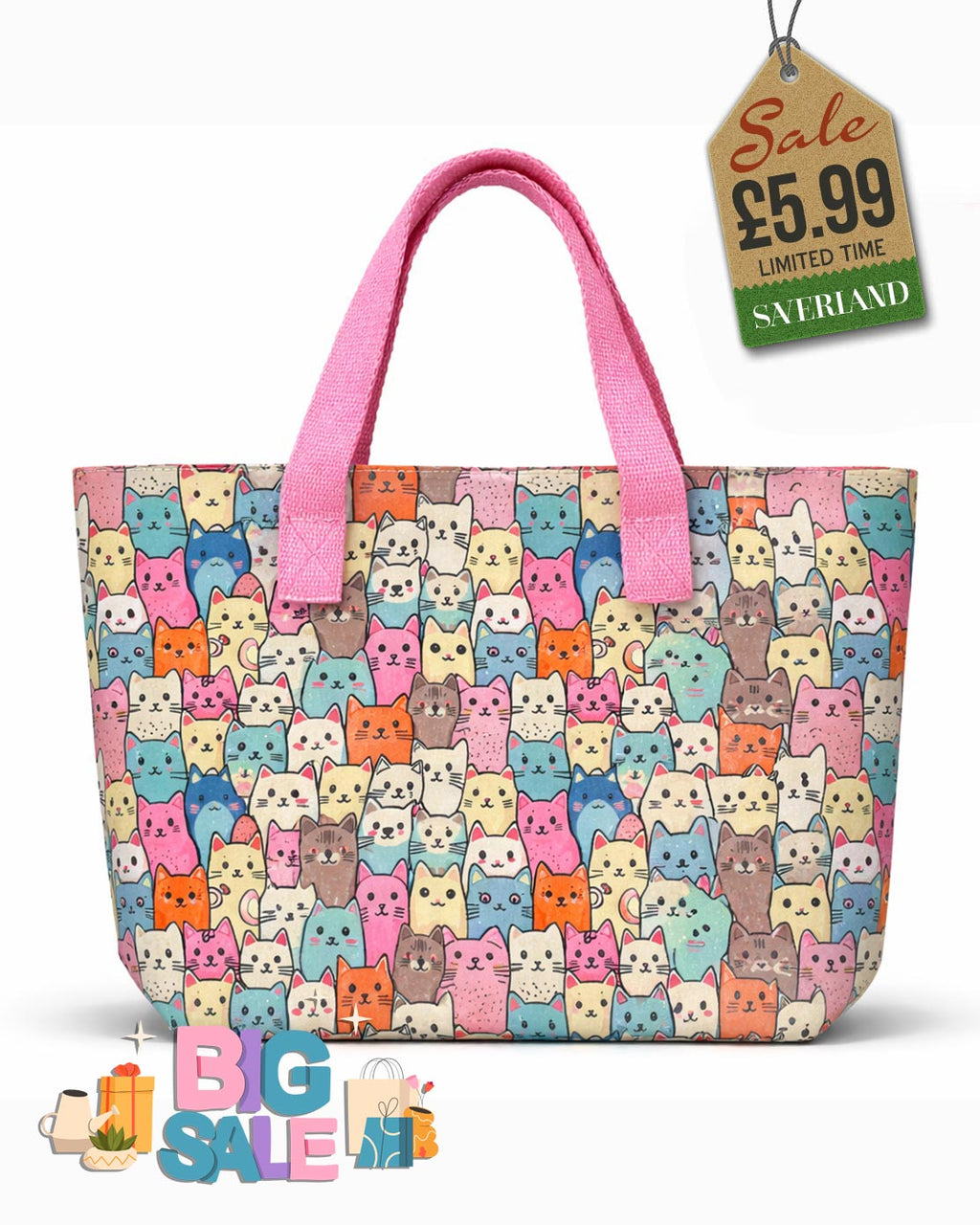Beach tote bag with colourful cartoon cat print and candy pink carry handles