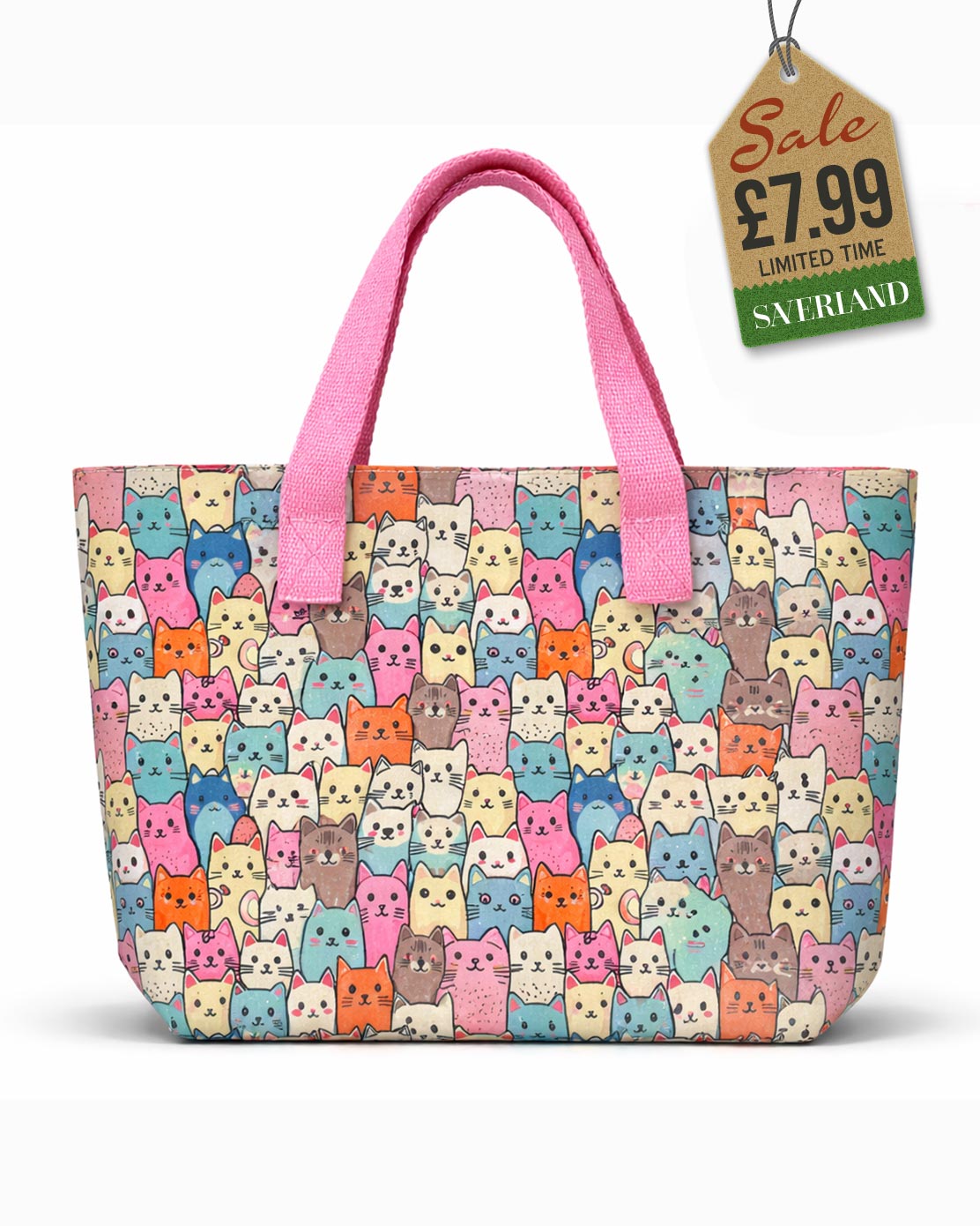 Beach tote bag with colourful cartoon cat print and candy pink carry handles