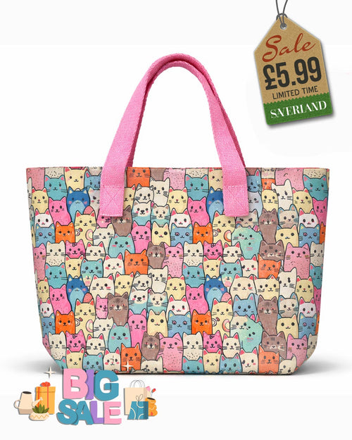 Beach tote bag with colourful cartoon cat print and candy pink carry handles