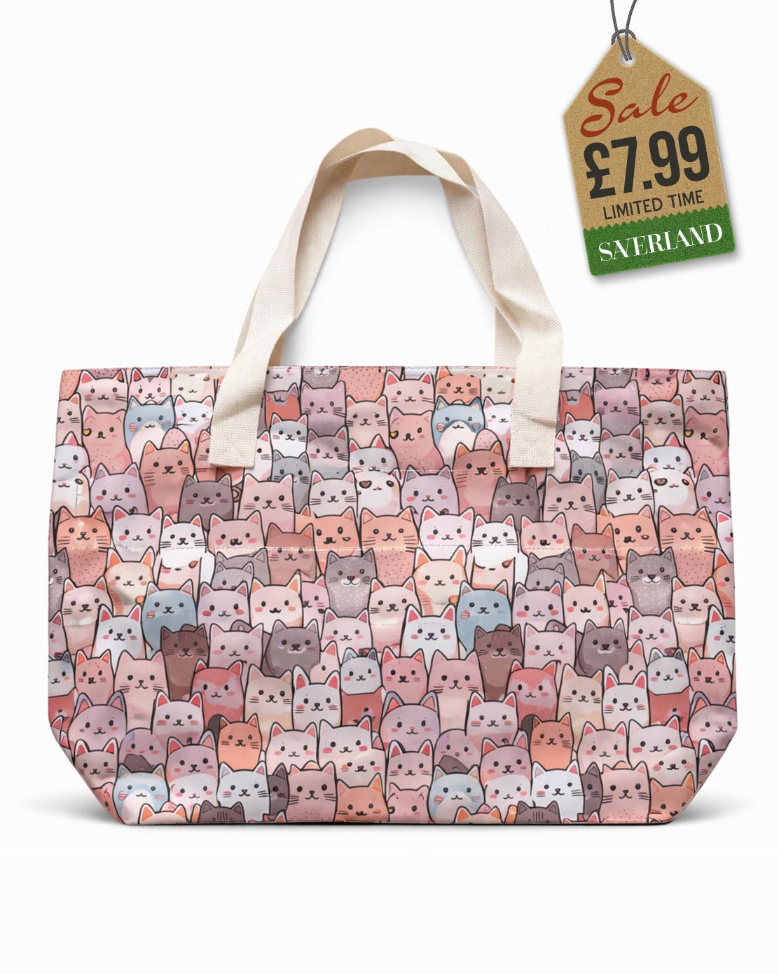 Beach tote bag with soft pastel cat print and cream canvas carry handles