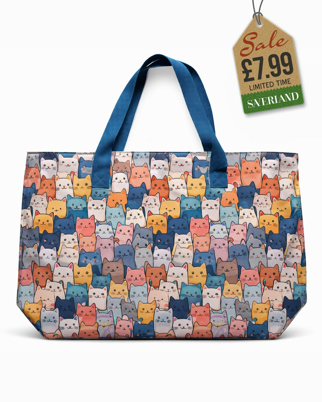 Beach tote bag with vibrant multicolour cat print and deep blue carry handles
