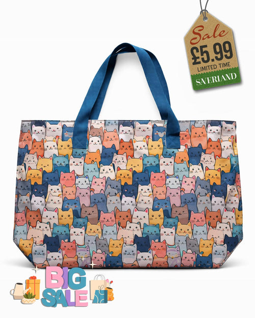 Beach tote bag with vibrant multicolour cat print and deep blue carry handles