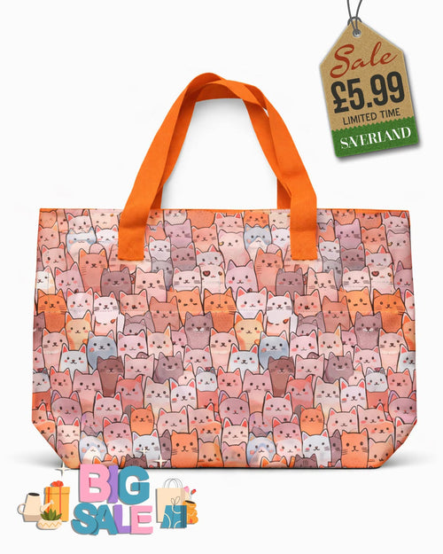 Beach tote bag with warm peach and terracotta cat print and tangerine orange carry handles