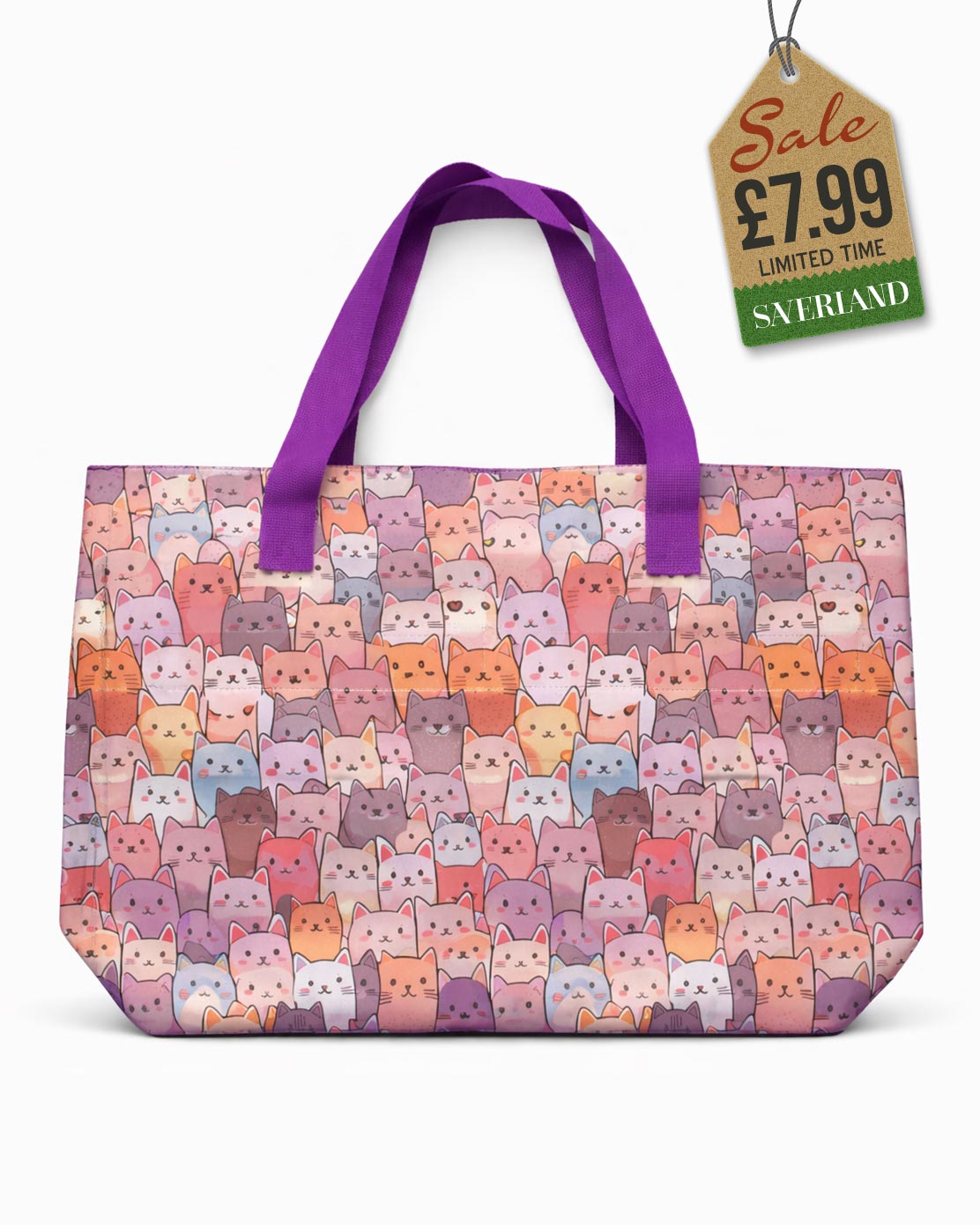 Beach tote bag with purple and pink cat print and rich grape purple carry handles