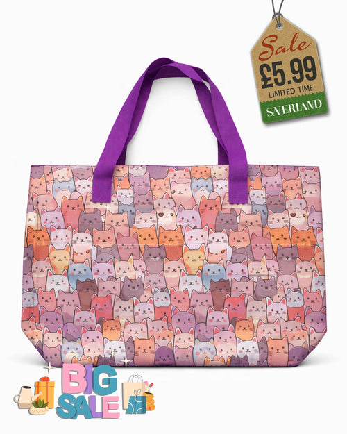 Beach tote bag with purple and pink cat print and rich grape purple carry handles