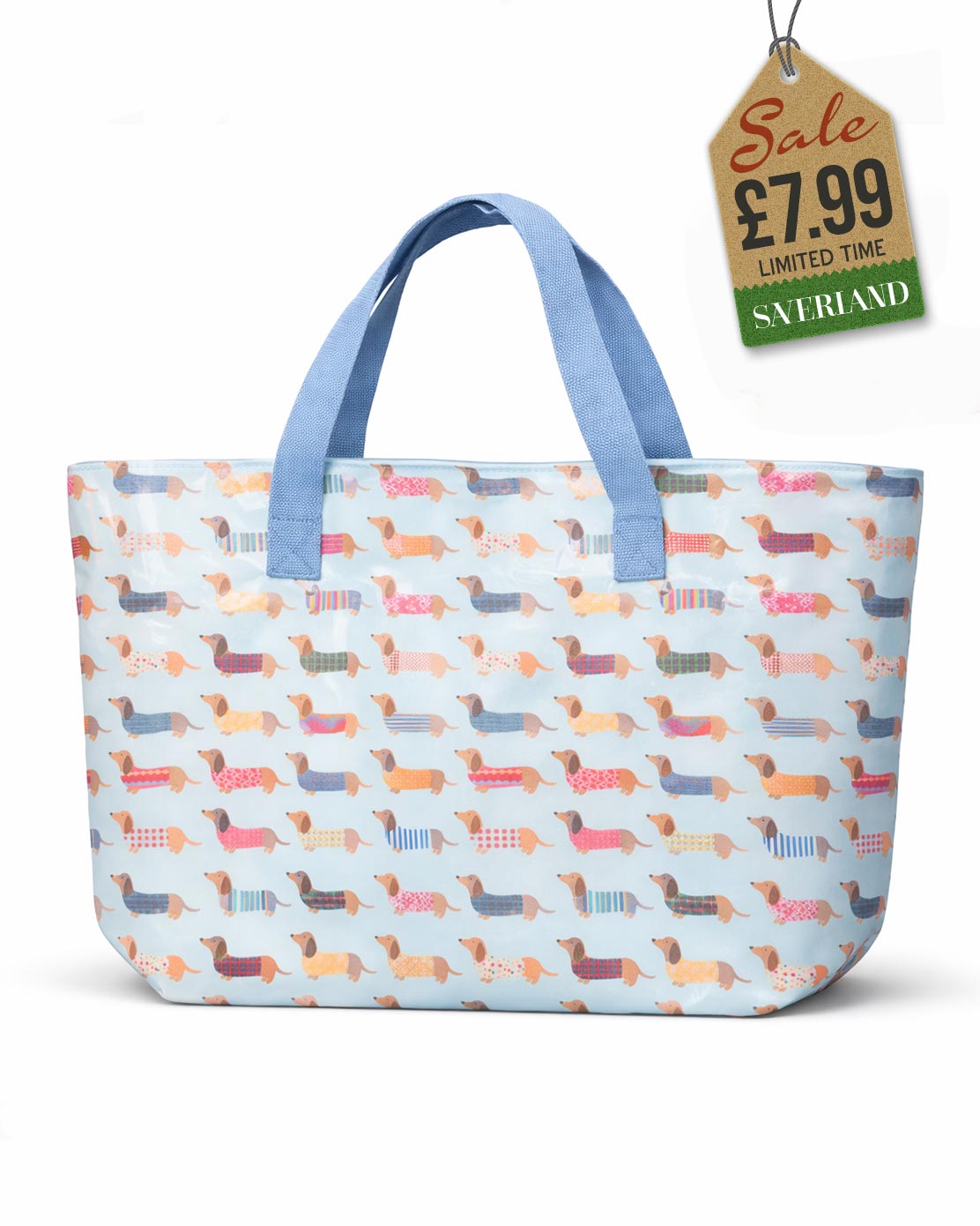 Beach tote bag with dachshund sausage dog print on sky blue background and blue carry handles