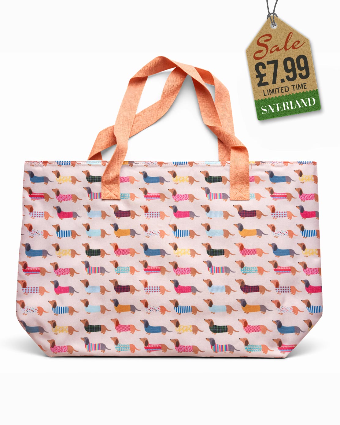 Beach tote bag with dachshund print on blush pink background and tangerine orange carry handles