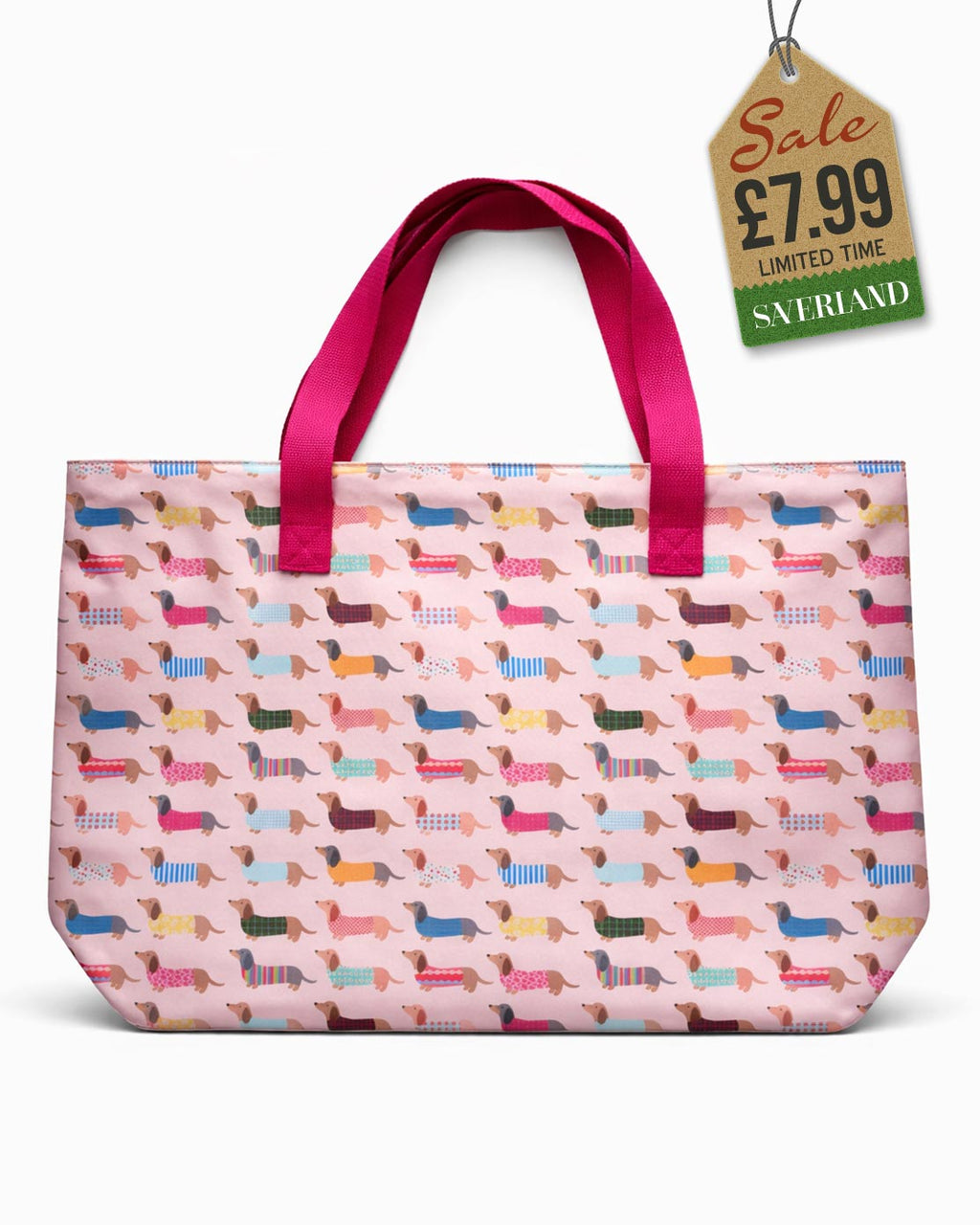 Beach tote bag with dachshund print on pink background and hot pink carry handles