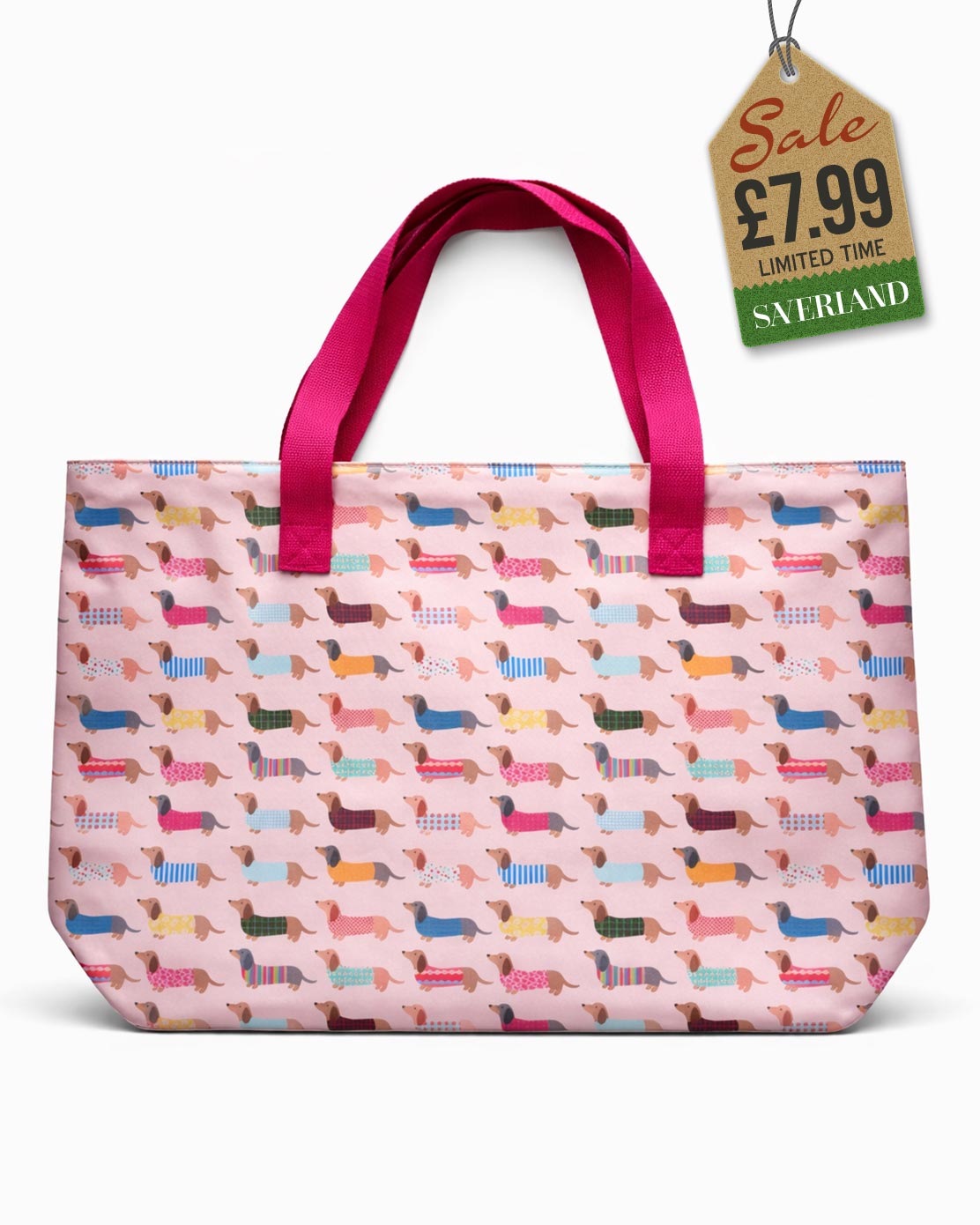 Beach tote bag with dachshund print on pink background and hot pink carry handles