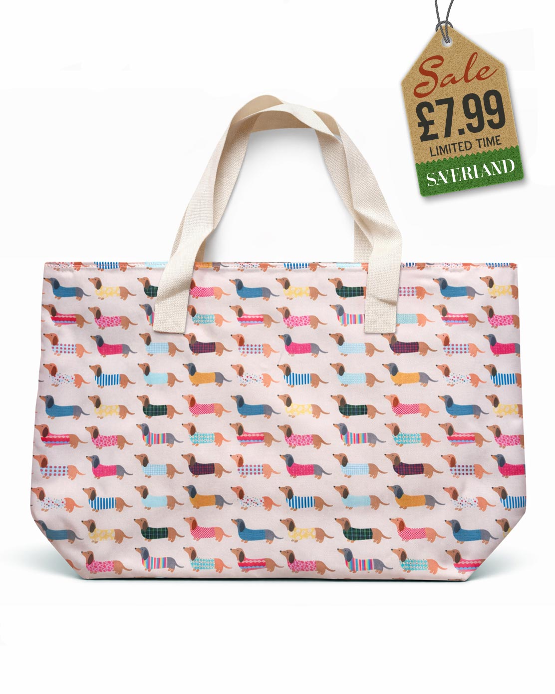 Beach tote bag with dachshund print on pink background and cream canvas carry handles