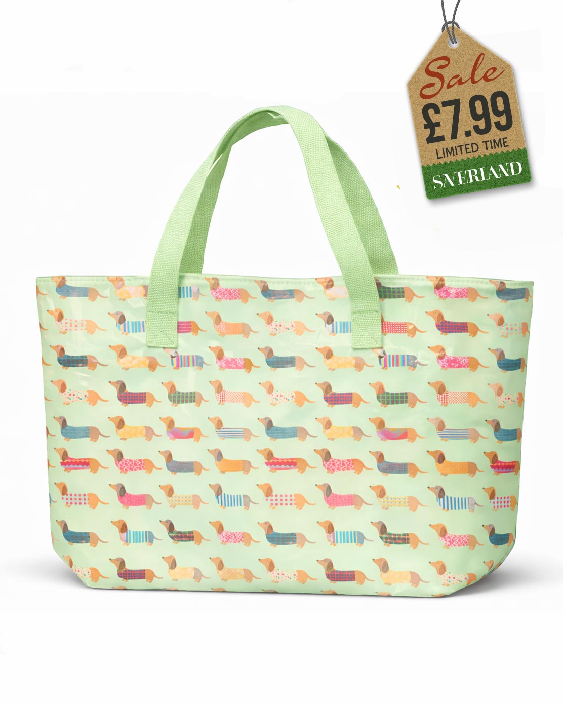 Beach tote bag with dachshund print on pale pistachio green background and green carry handles