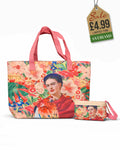 Beach tote and matching pouch set with Frida Kahlo and parrot on coral floral background