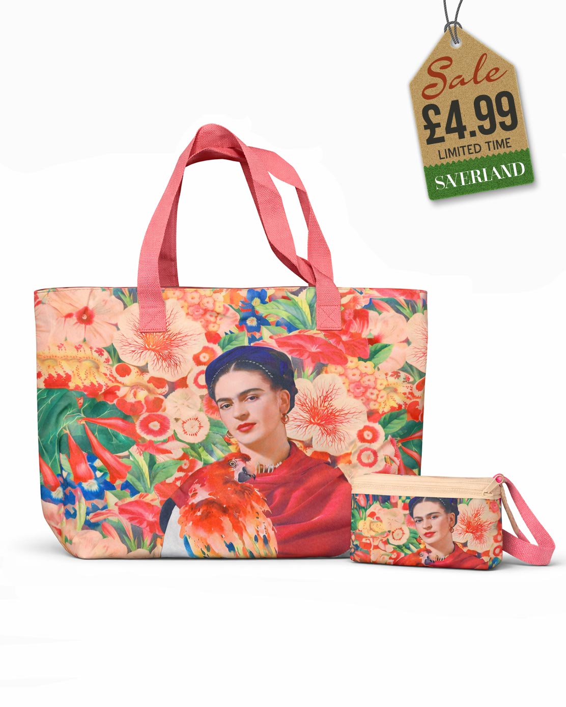Beach tote and matching pouch set with Frida Kahlo and parrot on coral floral background