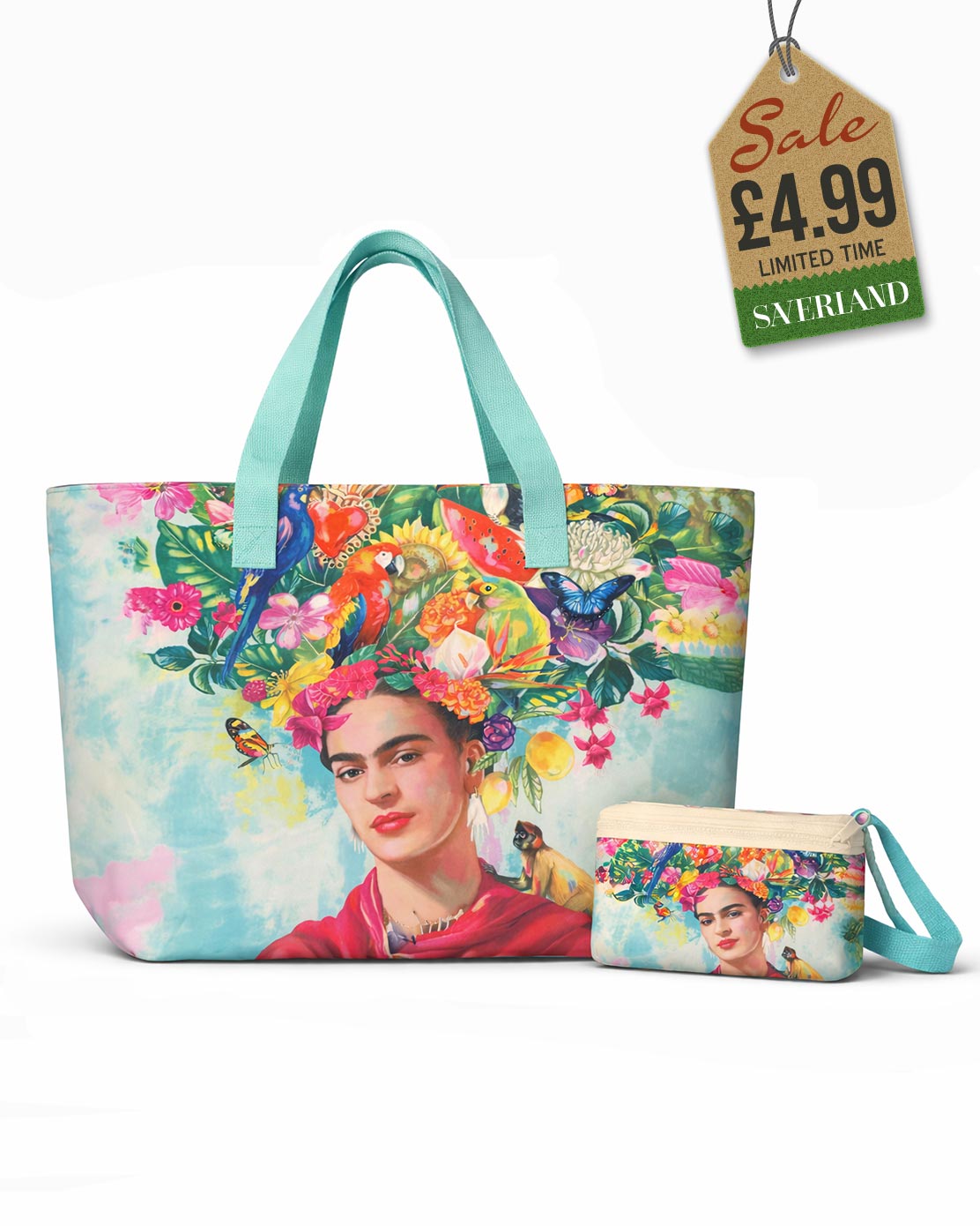 Beach tote and matching pouch set with Frida Kahlo and tropical flowers and birds on aqua background