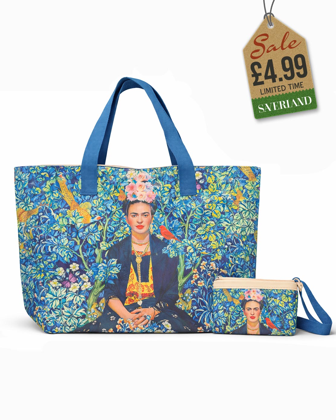 Beach tote and matching pouch set with Frida Kahlo in blue garden setting