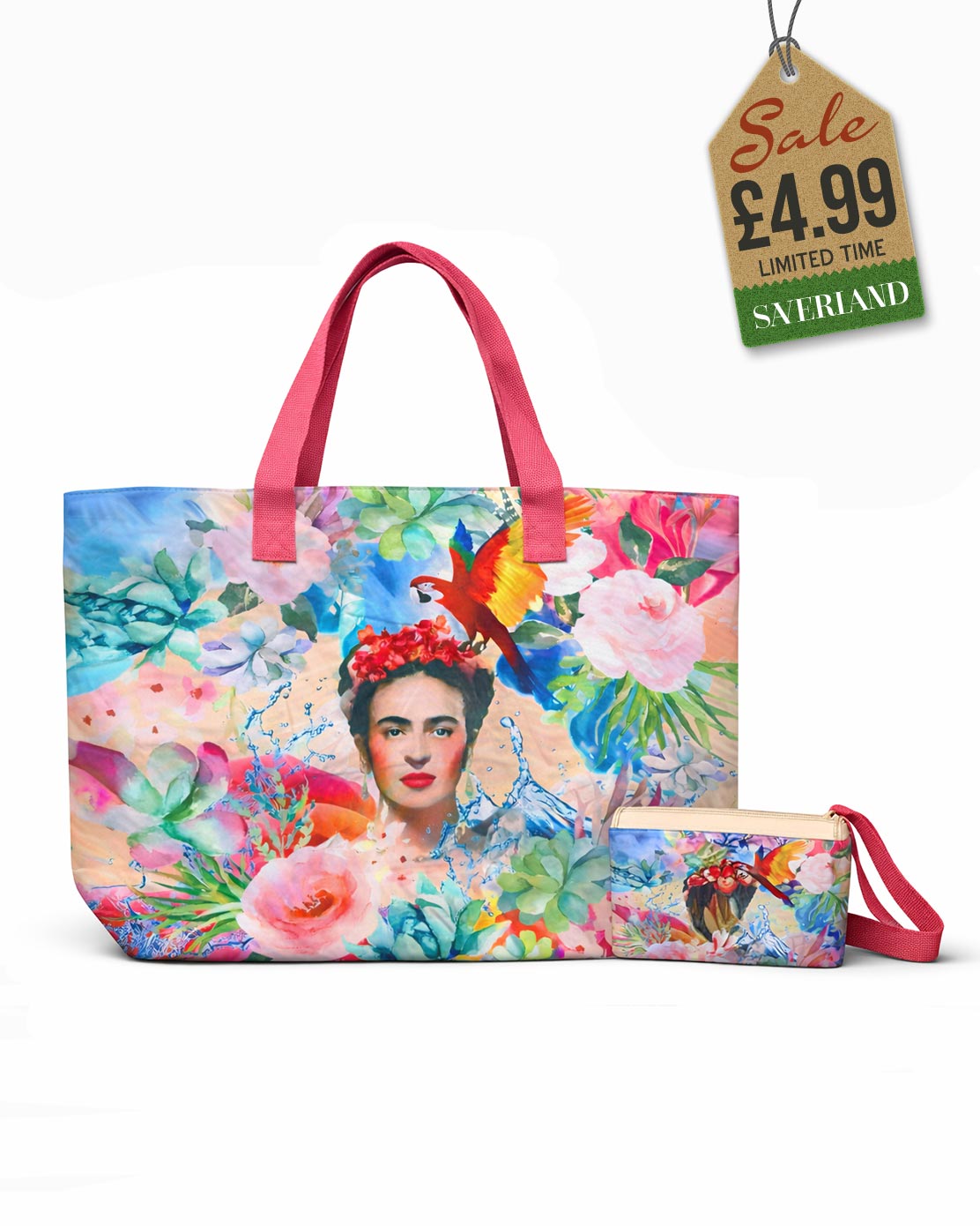Beach tote and matching pouch set with watercolour Frida Kahlo and roses