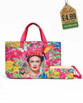 Beach tote and matching pouch set with Frida Kahlo, leopard and parrot on pink floral background