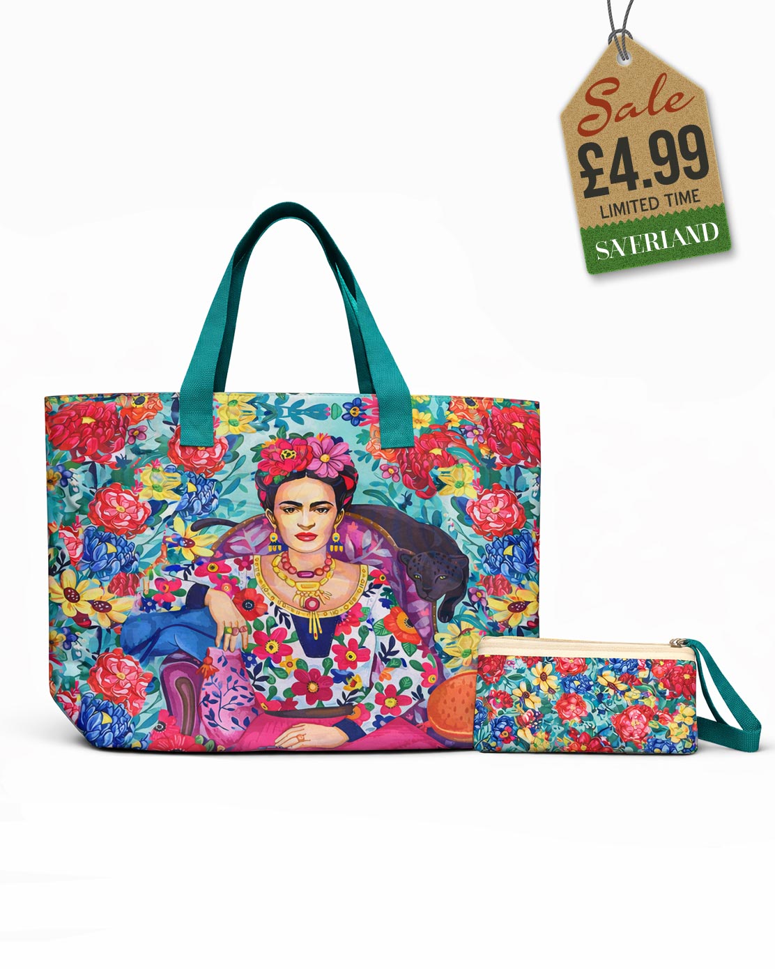 Beach tote and matching pouch set with regal Frida Kahlo portrait and panther