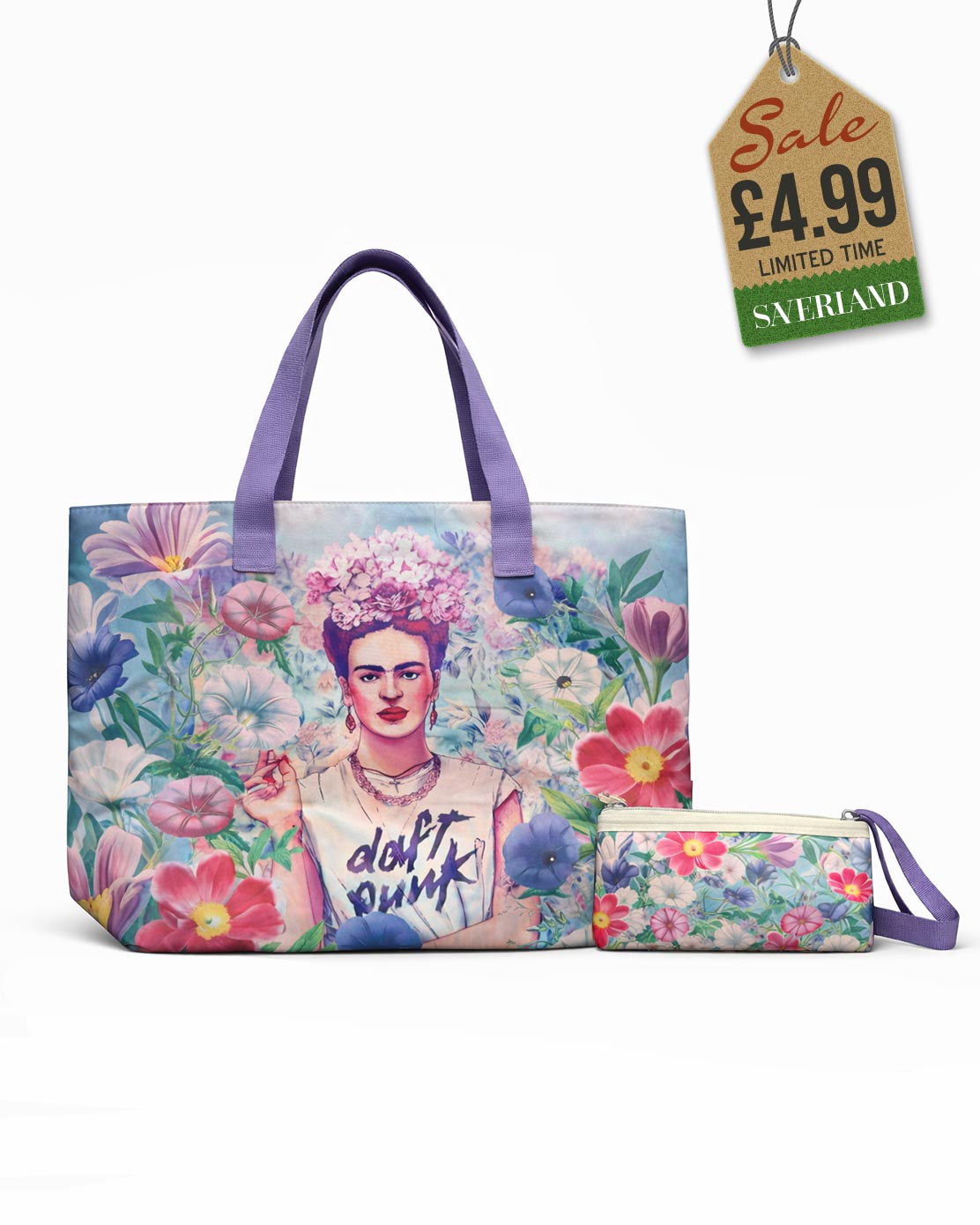 Beach tote and matching pouch set with Frida Kahlo in Daft Punk t-shirt on pastel florals