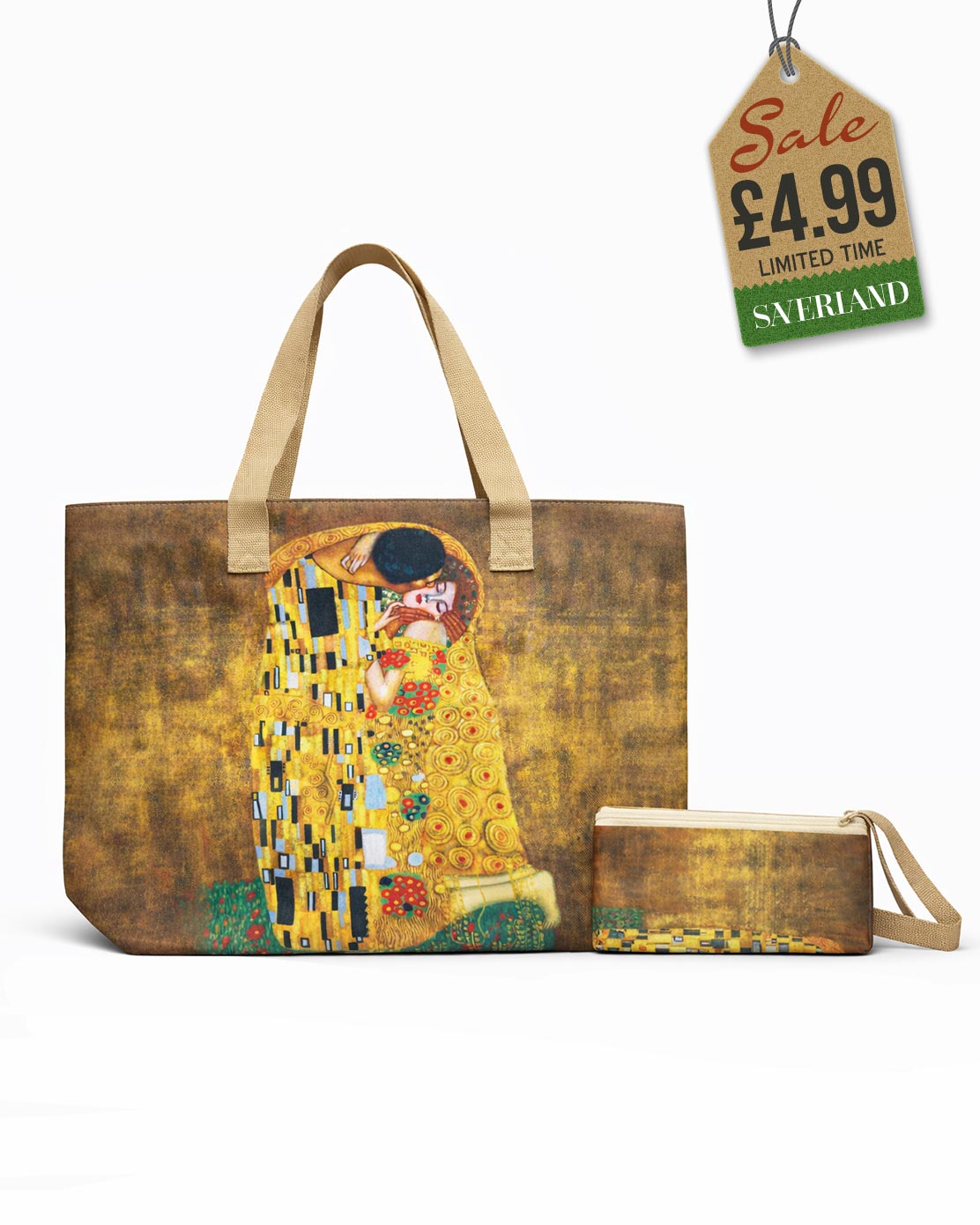 Beach tote and matching pouch set featuring Gustav Klimt's 'The Kiss' artwork