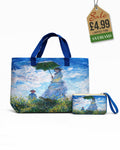 Beach tote and matching pouch set featuring Monet's 'Woman with a Parasol' painting