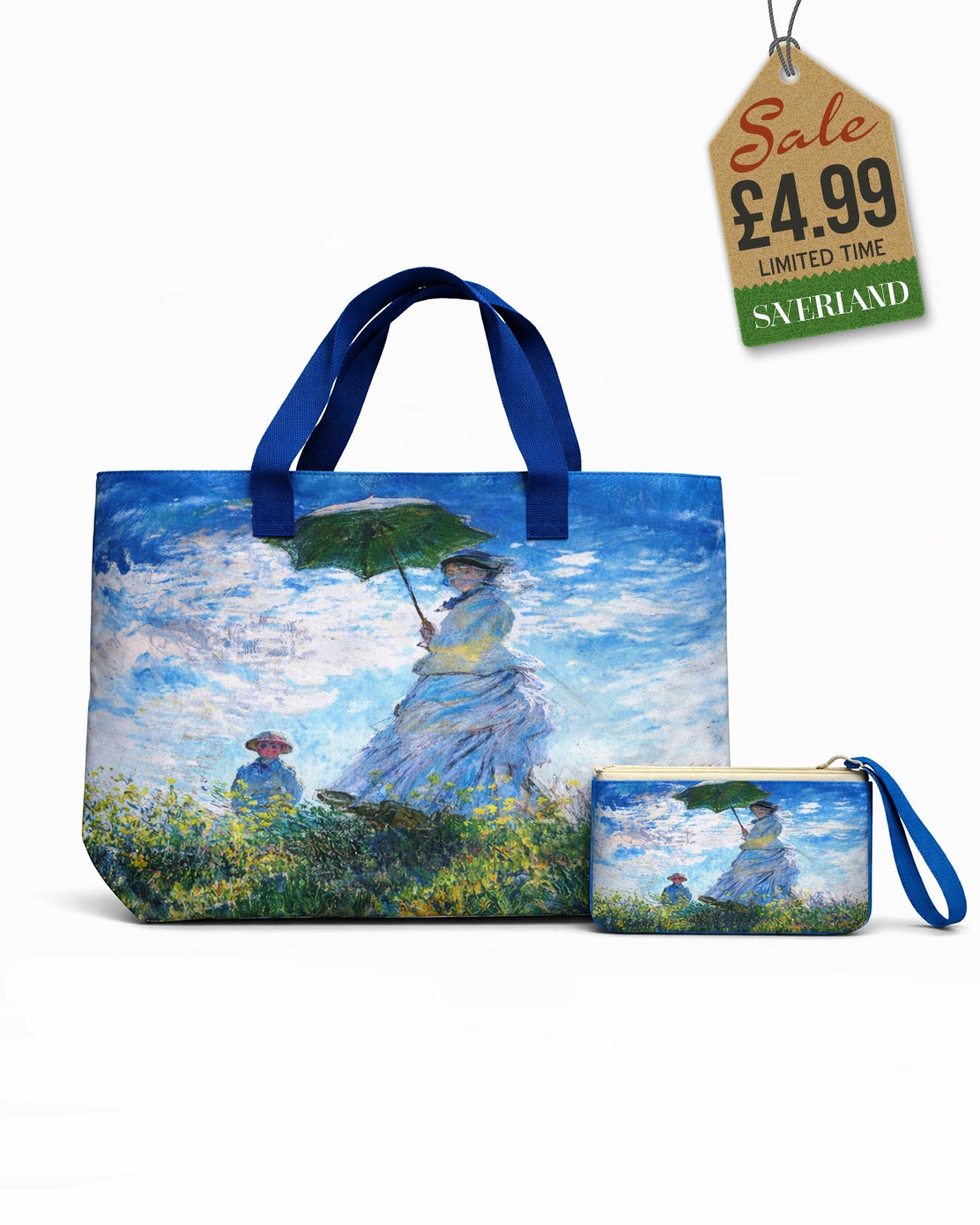 Beach tote and matching pouch set featuring Monet's 'Woman with a Parasol' painting
