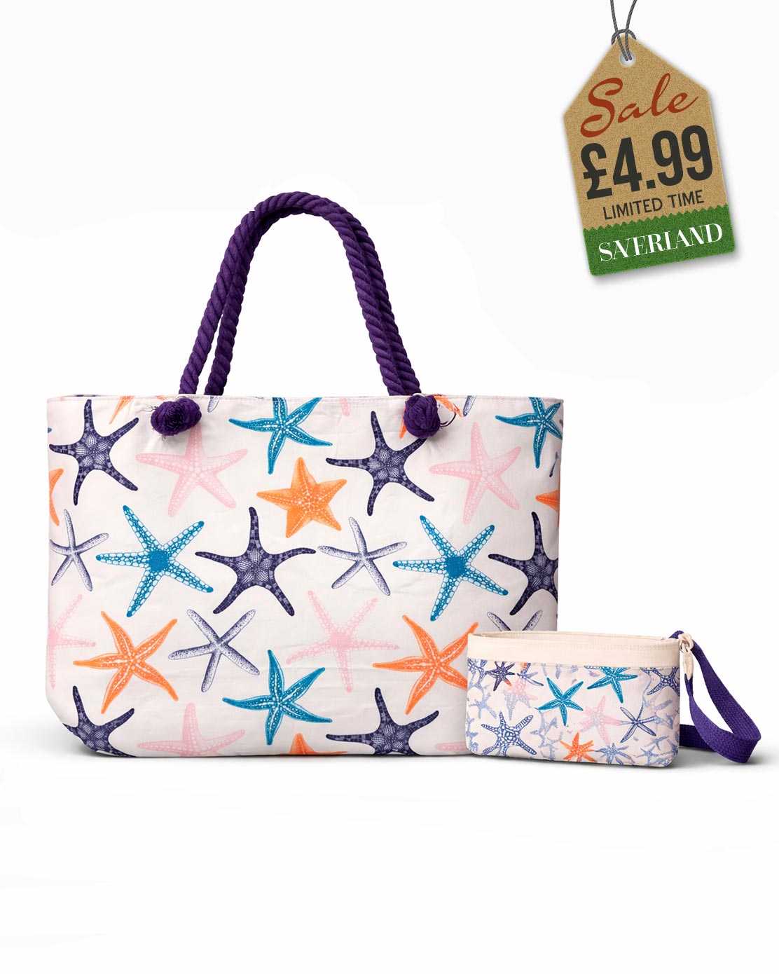 Beach tote and matching pouch set with multicolour starfish print and purple rope handles