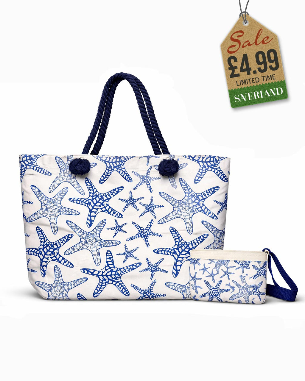 Beach tote and matching pouch set with navy blue starfish print and rope handles