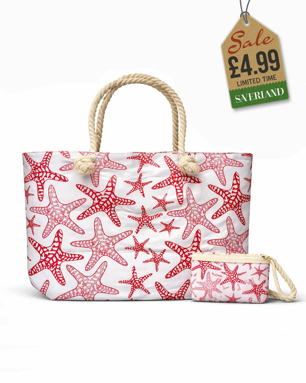 Beach tote and matching pouch set with red starfish print and cream rope handles