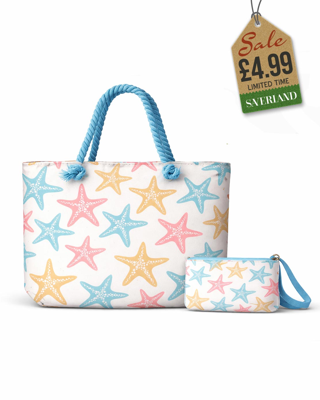 Beach tote and matching pouch set with pastel starfish print and light blue rope handles