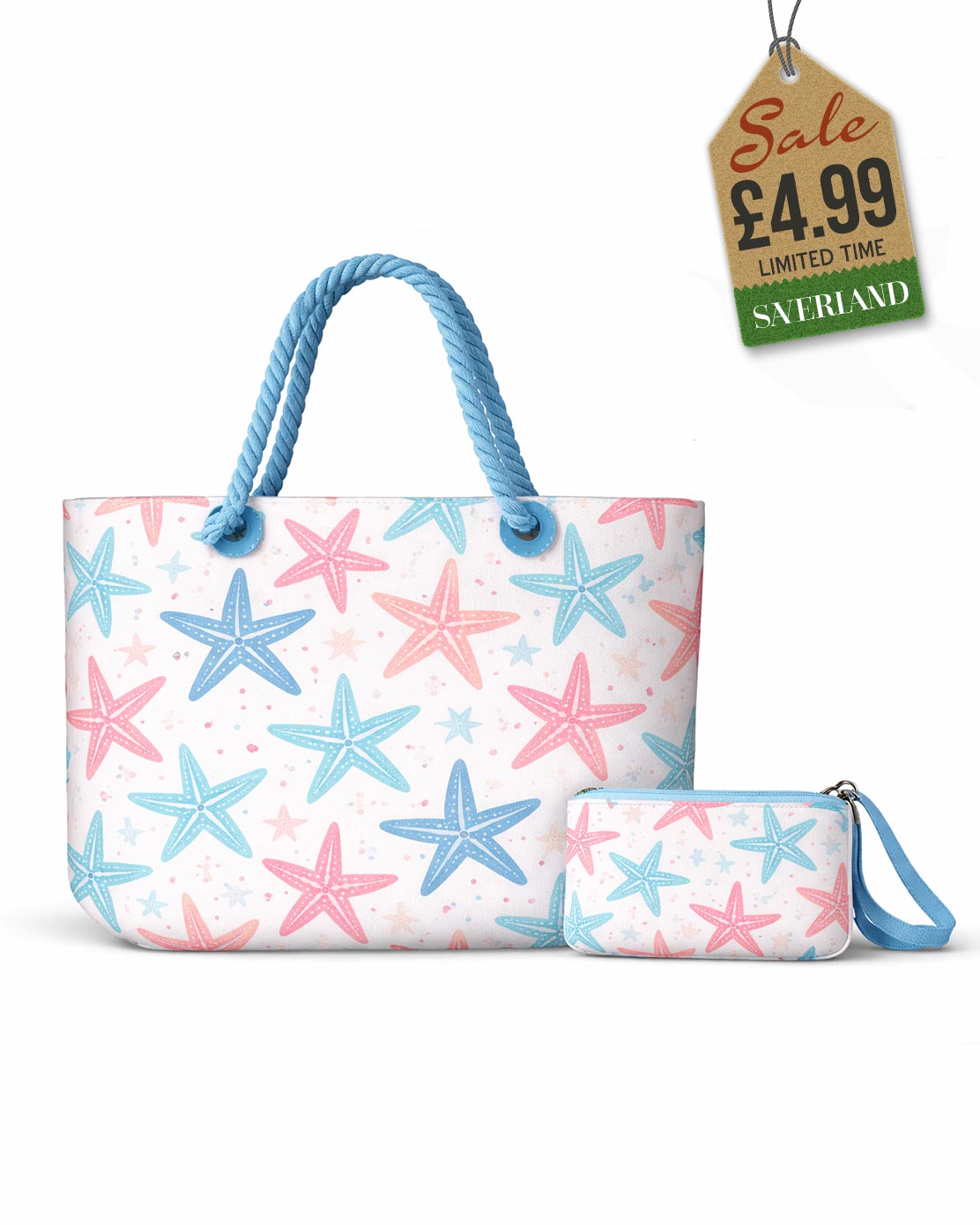 Beach tote and matching pouch set with coral pink and blue starfish print and light blue rope handles