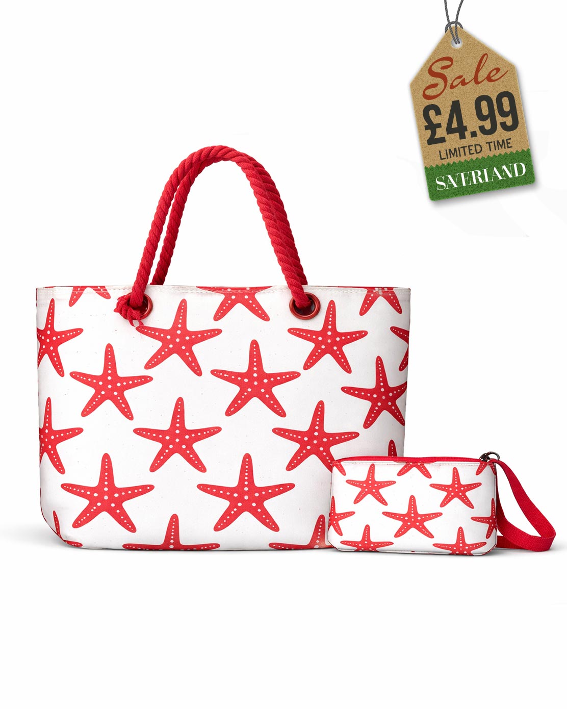 Beach tote and matching pouch set with bold red starfish print and red rope handles