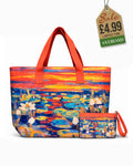 Beach tote and matching pouch set with water lilies at sunset impressionist painting