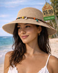 Wide Brim Beach Hat - Beige with Shell Charms