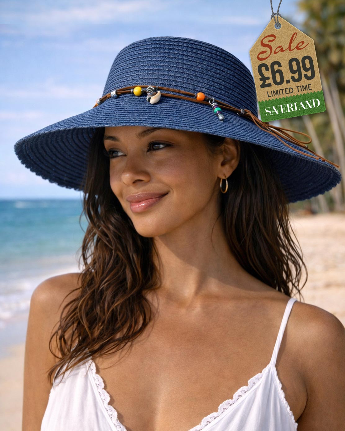 Wide Brim Beach Hat - Navy Blue with Bead Band