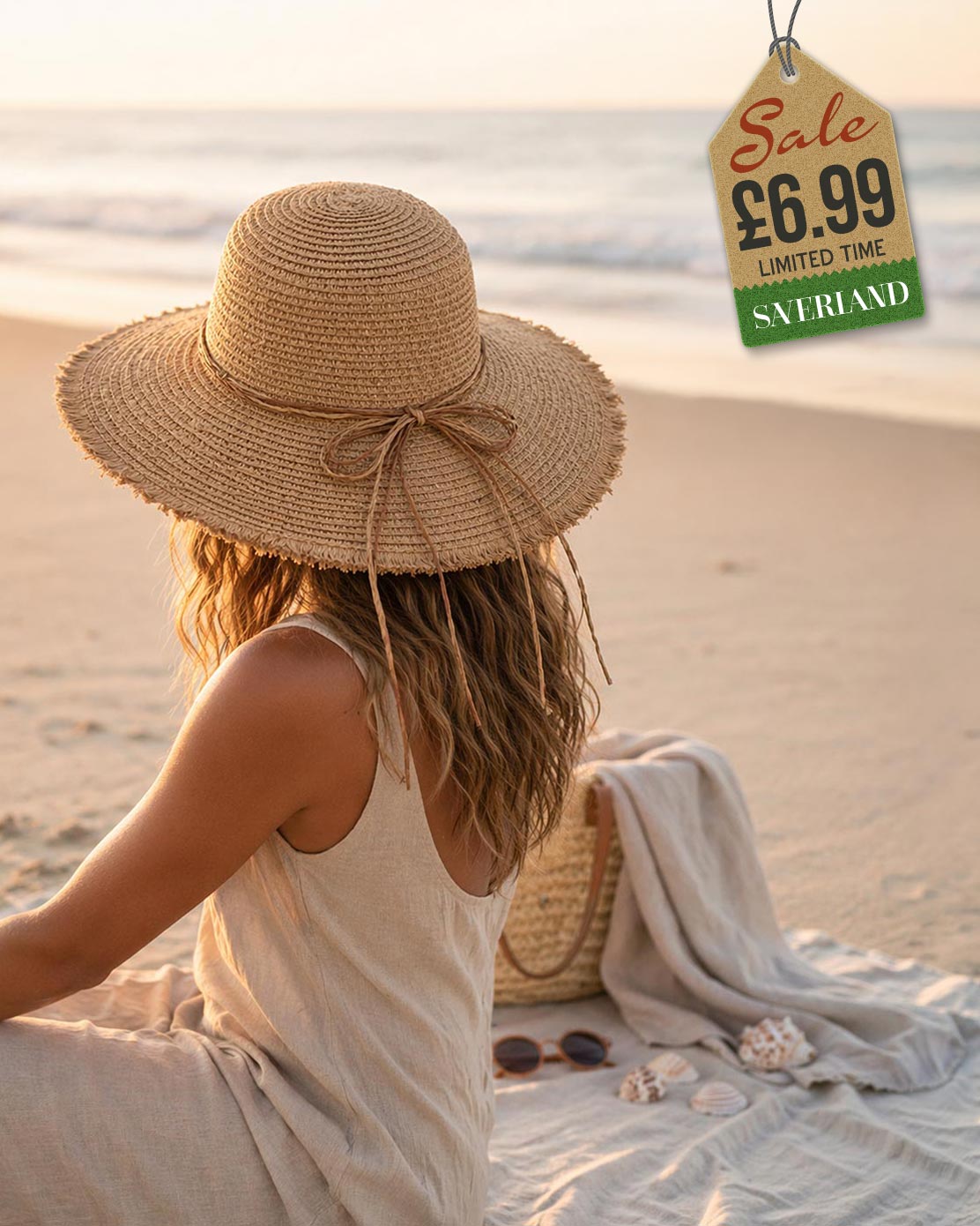 Beach Sun Hat - Brown with Linen Bow Band