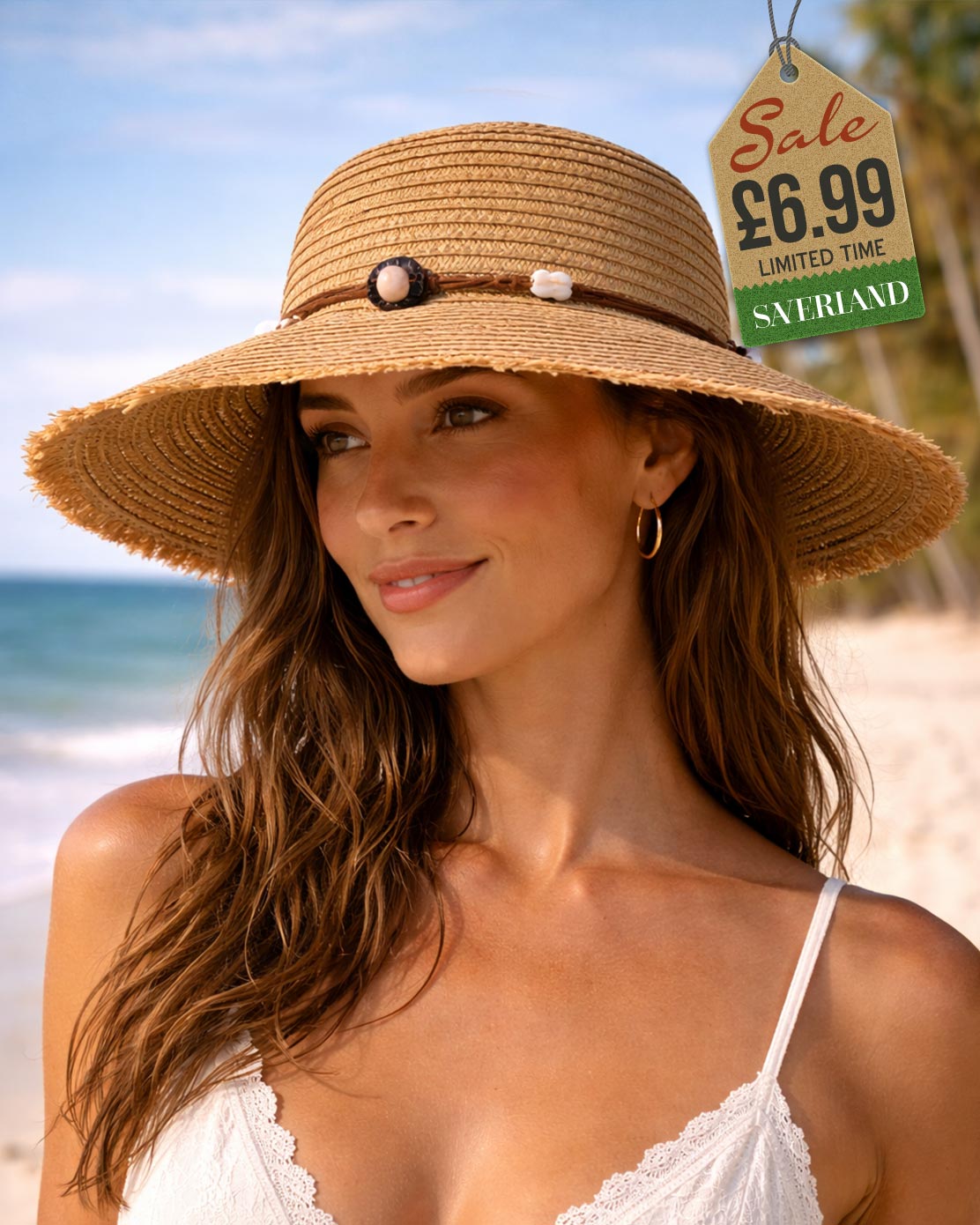 Wide Brim Beach Hat - Tan Brown with Bead Band