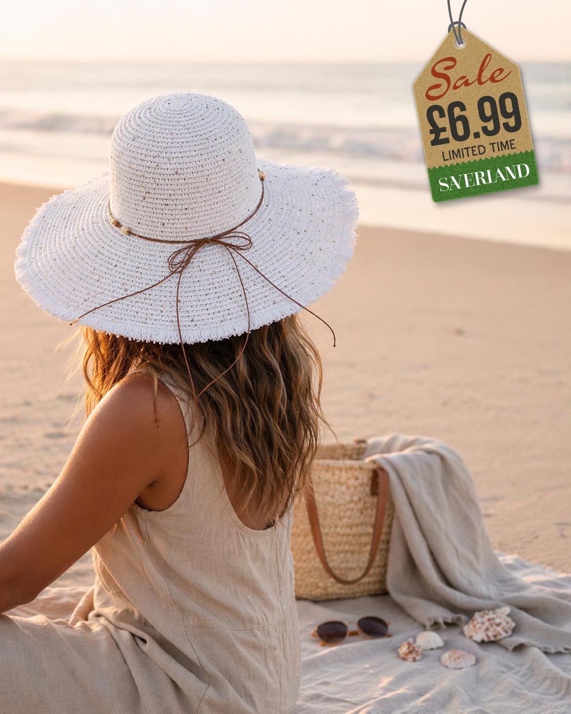 Wide Brim Beach Hat - White with Shell Trim
