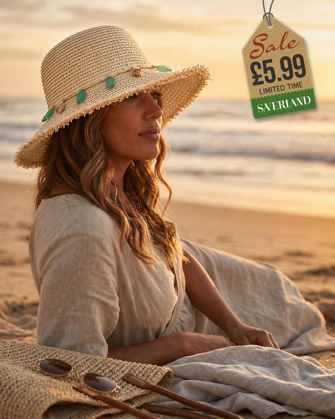 Medium brim beige straw beach hat with green leaf and shell charm hatband at the beach