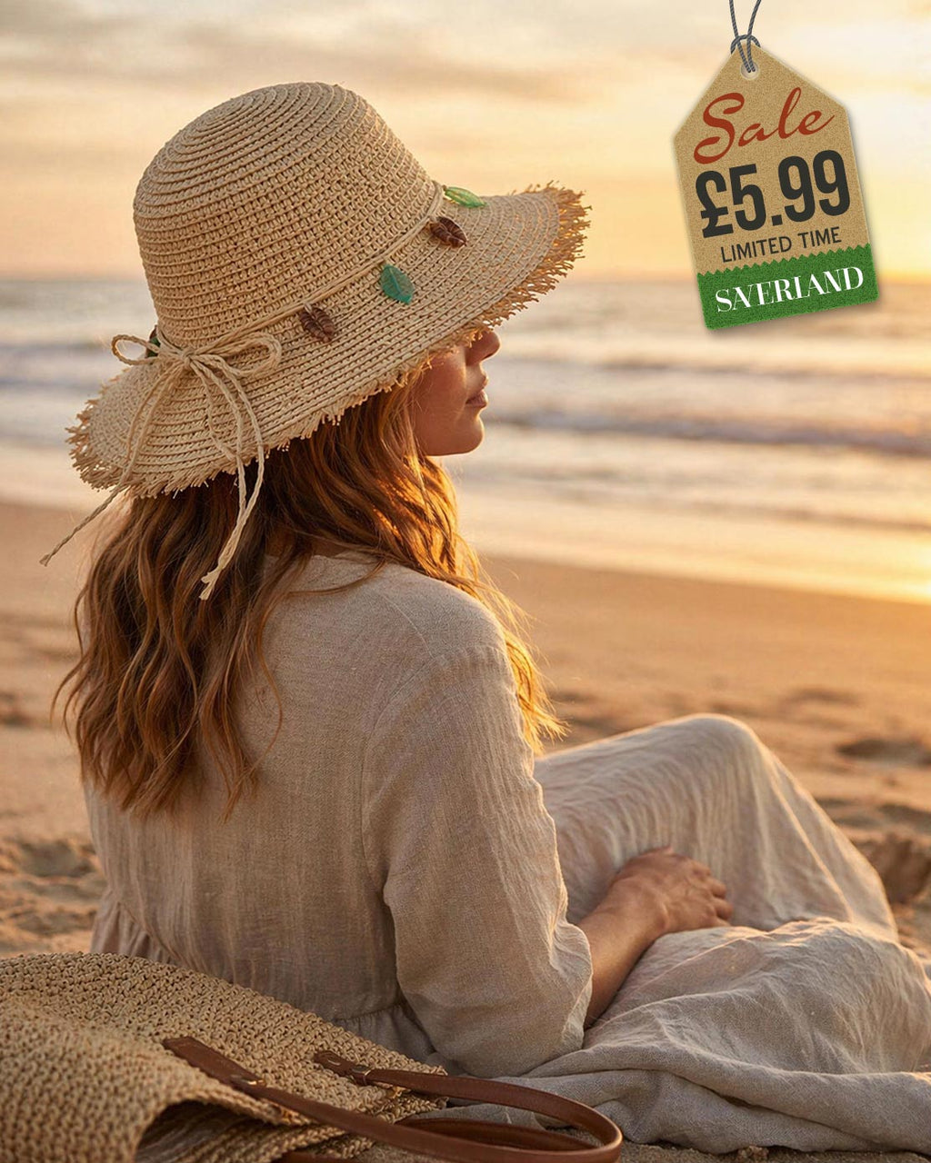 Medium brim beige straw beach hat with leaf charm hatband showing back and bow detail