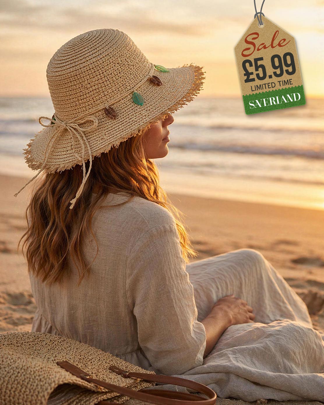 Medium brim beige straw beach hat with leaf charm hatband showing back and bow detail