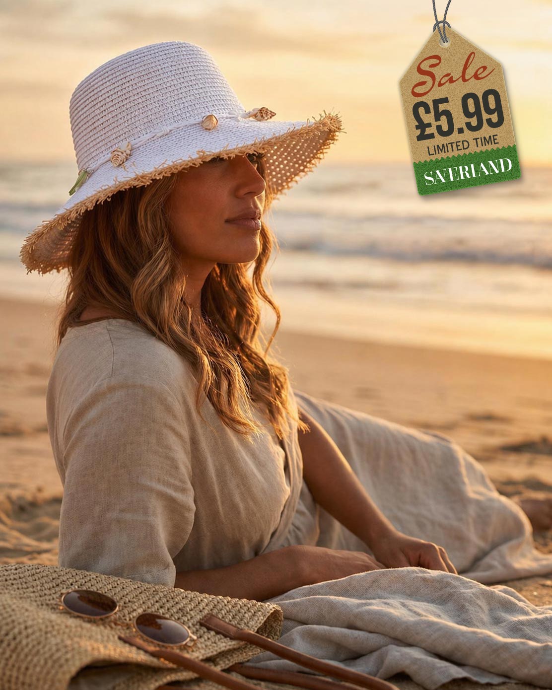 Medium brim white straw beach hat with shell brim trim and cord bow at the beach