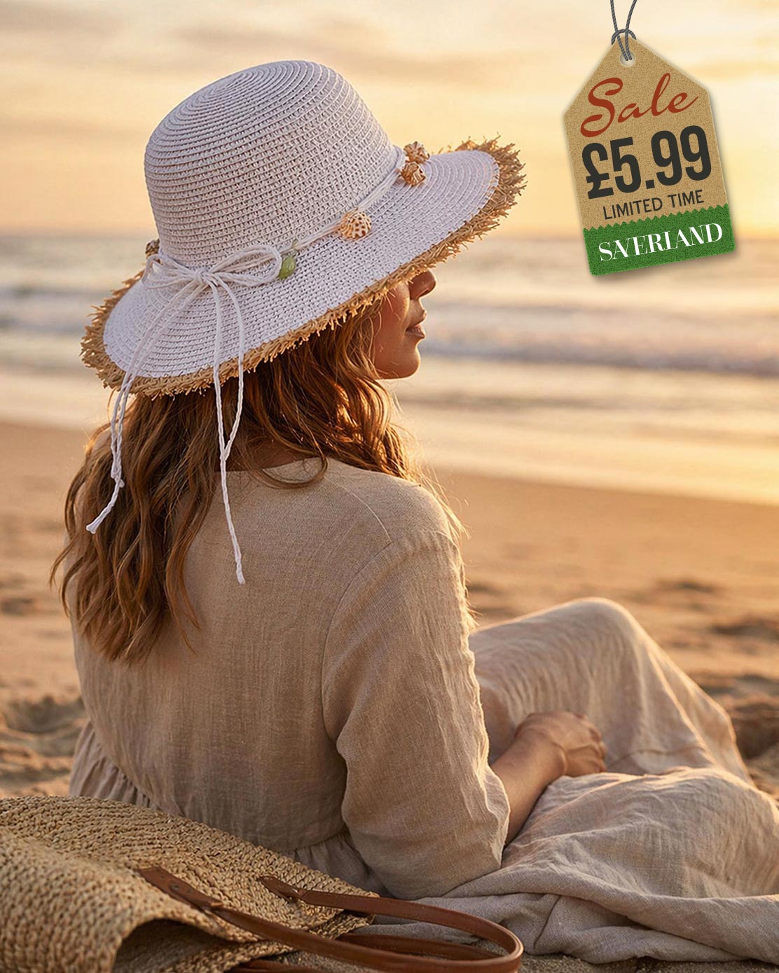 Medium brim white beach hat with shell trim showing back and cord bow detail