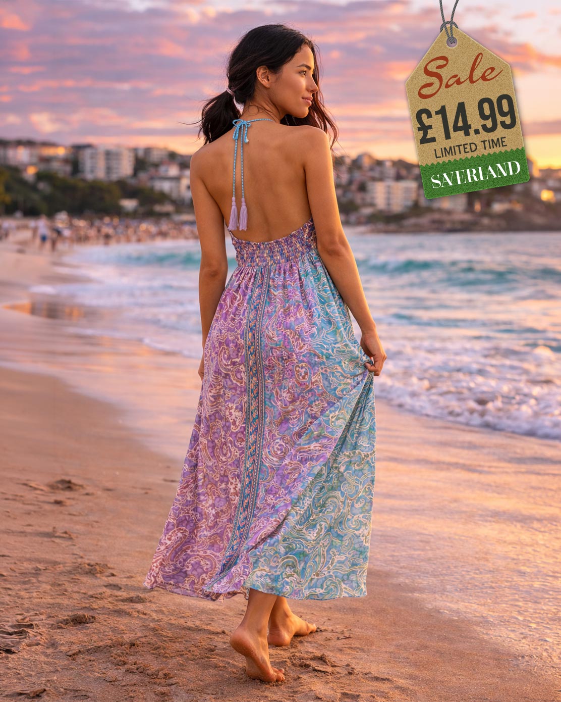 Navy and cream embroidered tiered midi dress, back product image