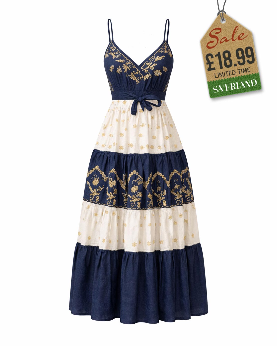 Blue paisley halter boho maxi dress styled on beach