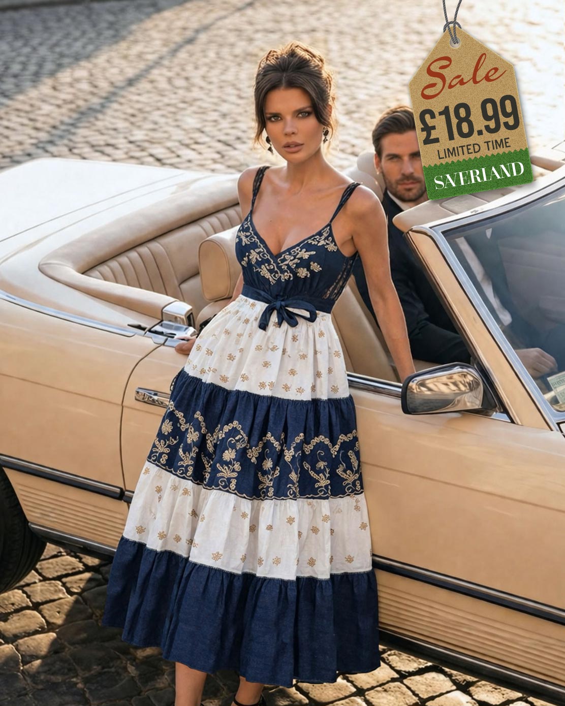 Blue and gold paisley halter maxi dress on coastal promenade