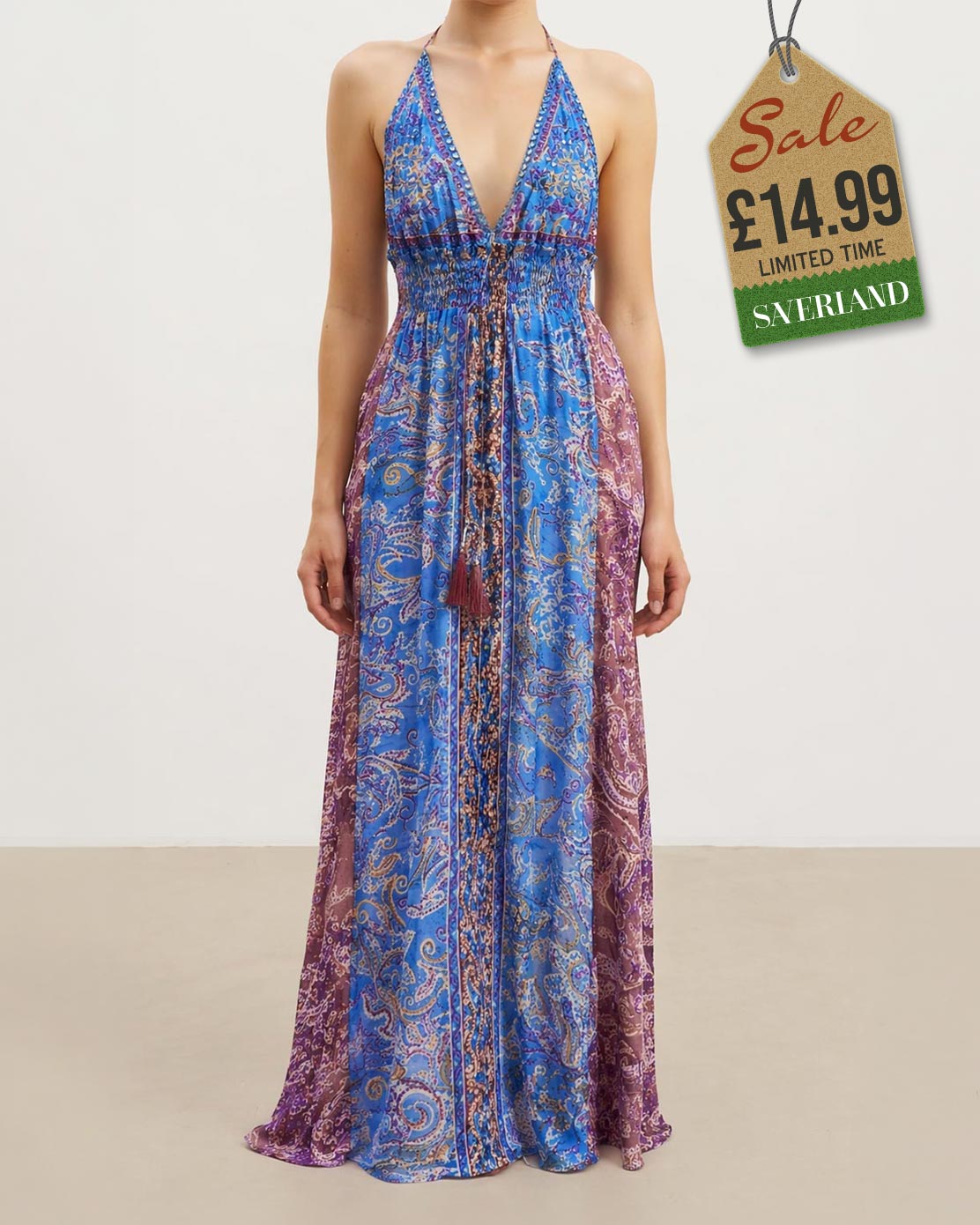 Teal and green paisley halter maxi dress on studio background