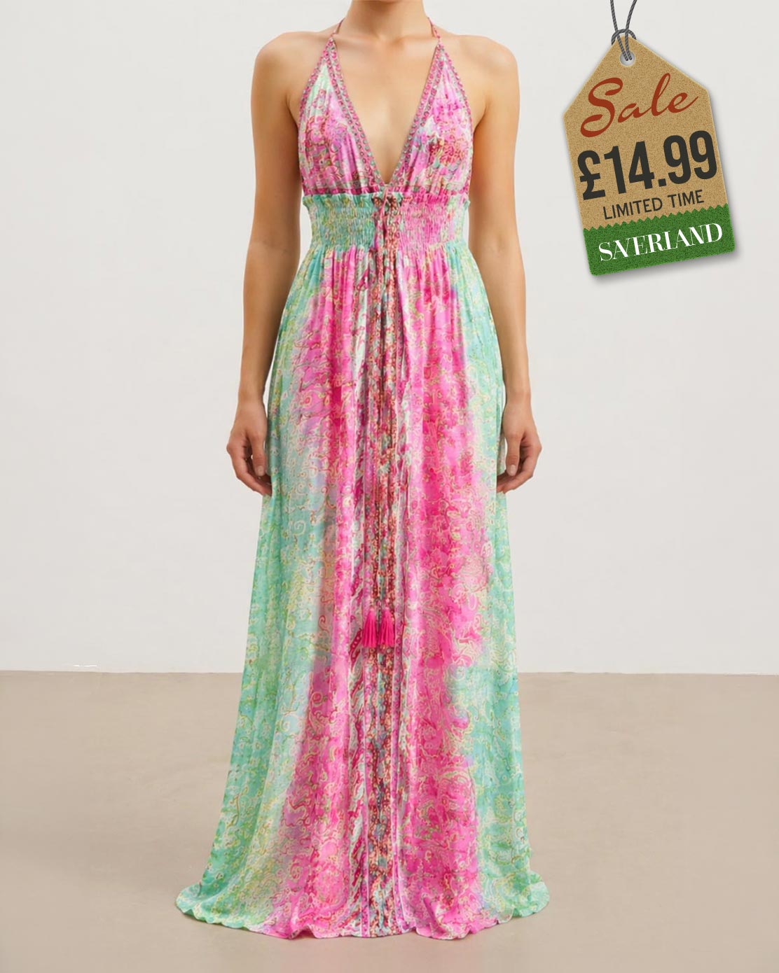 Pink and mint paisley halter maxi dress on studio background