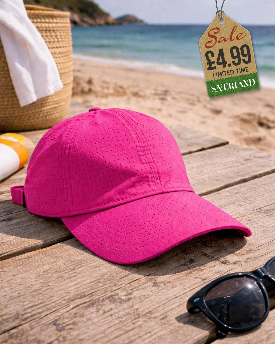 Hot pink perforated breathable baseball cap on wooden surface at beach