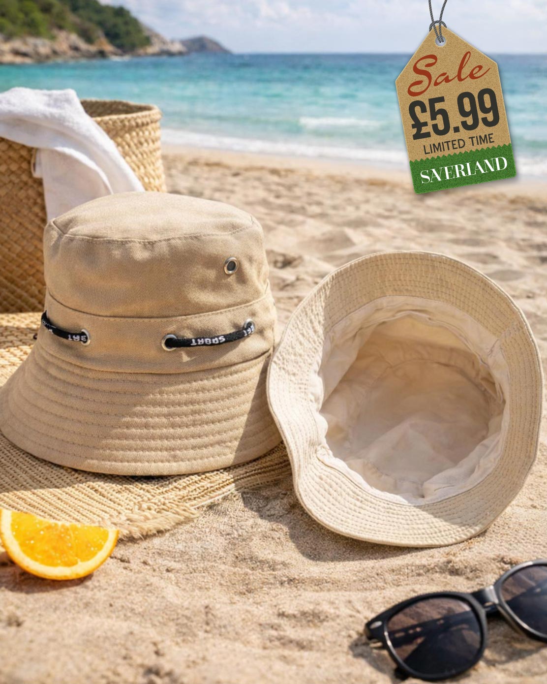 Beige cotton sport bucket hat with cord hatband worn at the beach